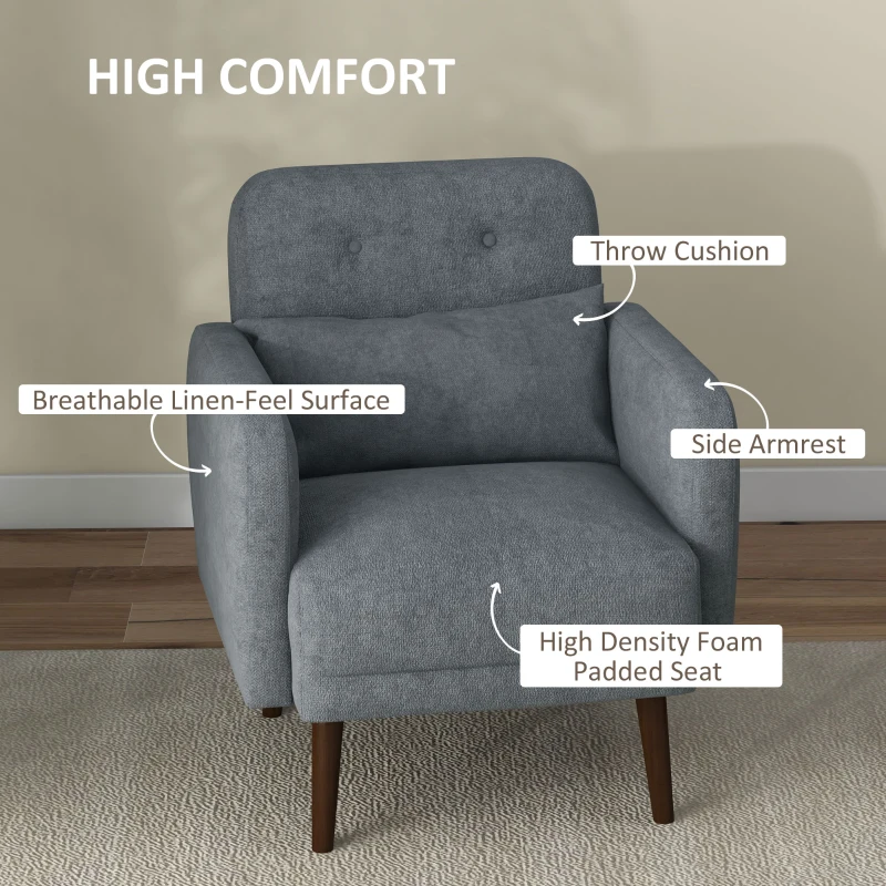 HOMCOM Armchair, Fabric Accent Chair, Modern Living Room Chair with Wood Legs and Throw Cushions for Bedroom, Grey