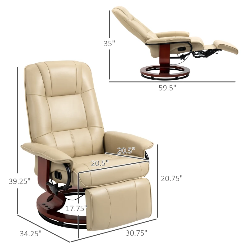 HOMCOM Faux Leather Manual Recliner, Adjustable Swivel Lounge Chair with Footrest, Armrest and Wrapped Wood Base for Living Room, Cream White(m-3)