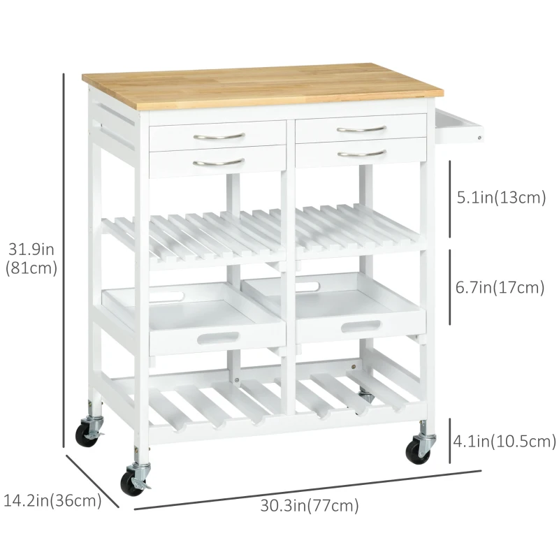 HOMCOM Kitchen Island with Storage, Bar Cart with 6-Bottle Wine Rack, Kitchen Cart with Natural Wood Top, 4 Drawers, 2 Removable Tray for Dining Room, Living Room, White