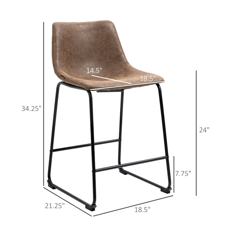 HOMCOM Counter Height Bar Stools, Vintage PU Leather Barstools with Footrest for Dining Room, Home Bar, Kitchen, Set of 2, Brown