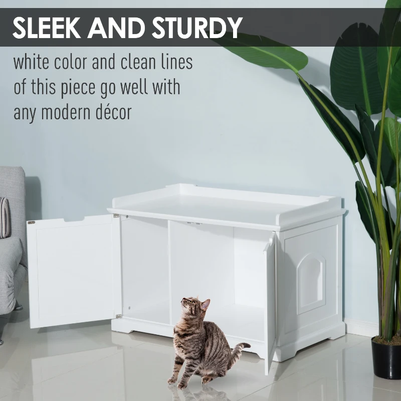 PawHut 2-in-1 Covered Cat Litter Box Washroom Storage Hideaway Cabinet Bench Home Decor, White
