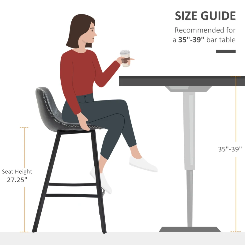 HOMCOM 27.25" Counter Height Bar Stools, Industrial Kitchen Stools, Upholstered Armless Bar Chairs with Back, Steel Legs, Set of 4, Black