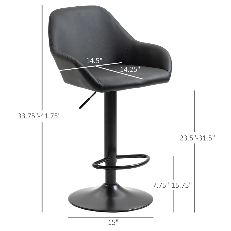 HOMCOM Adjustable Bar Stools, Swivel Counter Height Barstools with Footrest and Back, PU Leather and Steel Round Base, for Kitchen Counter and Dining Room, Set of 4, Black