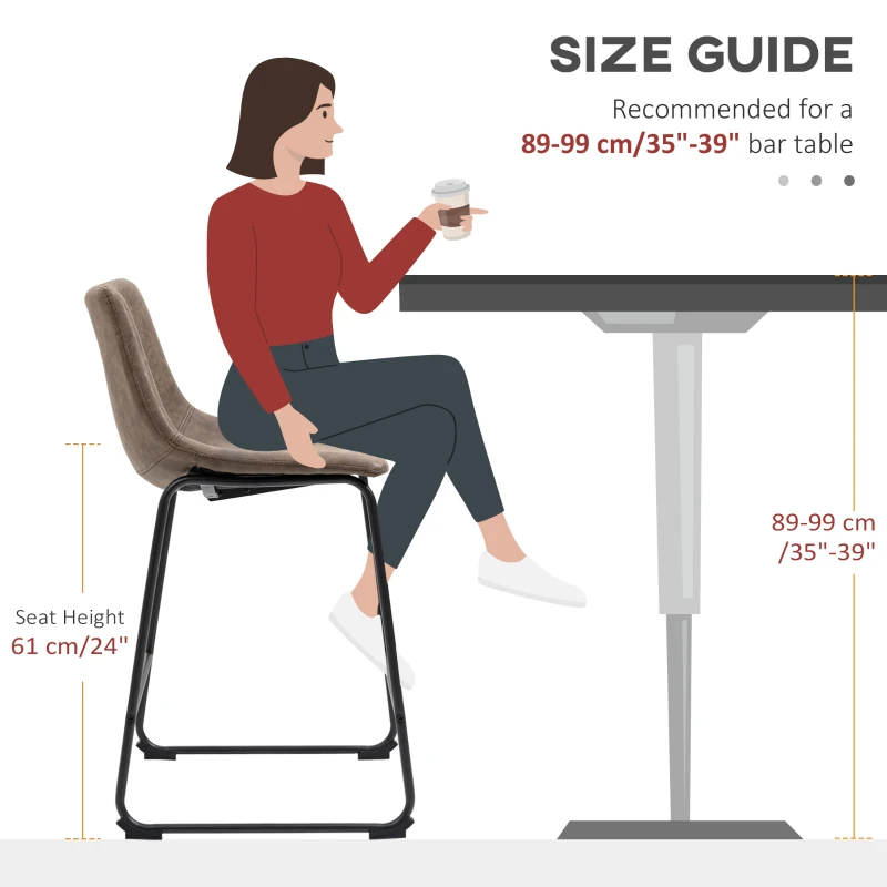 HOMCOM Counter Height Bar Stools, Vintage PU Leather Barstools with Footrest for Dining Room, Home Bar, Kitchen, Set of 2, Brown