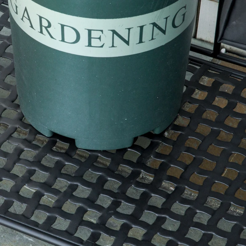 Outsunny Folding Potting Bench Table, Metal Garden Workstation, Work Bench with Large Build-In Bag with Cover, 5 Hanging Hooks & Storage Shelf, Flourishes