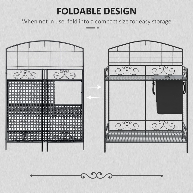 Outsunny Folding Potting Bench Table, Metal Garden Workstation, Work Bench with Large Build-In Bag with Cover, 5 Hanging Hooks & Storage Shelf, Flourishes