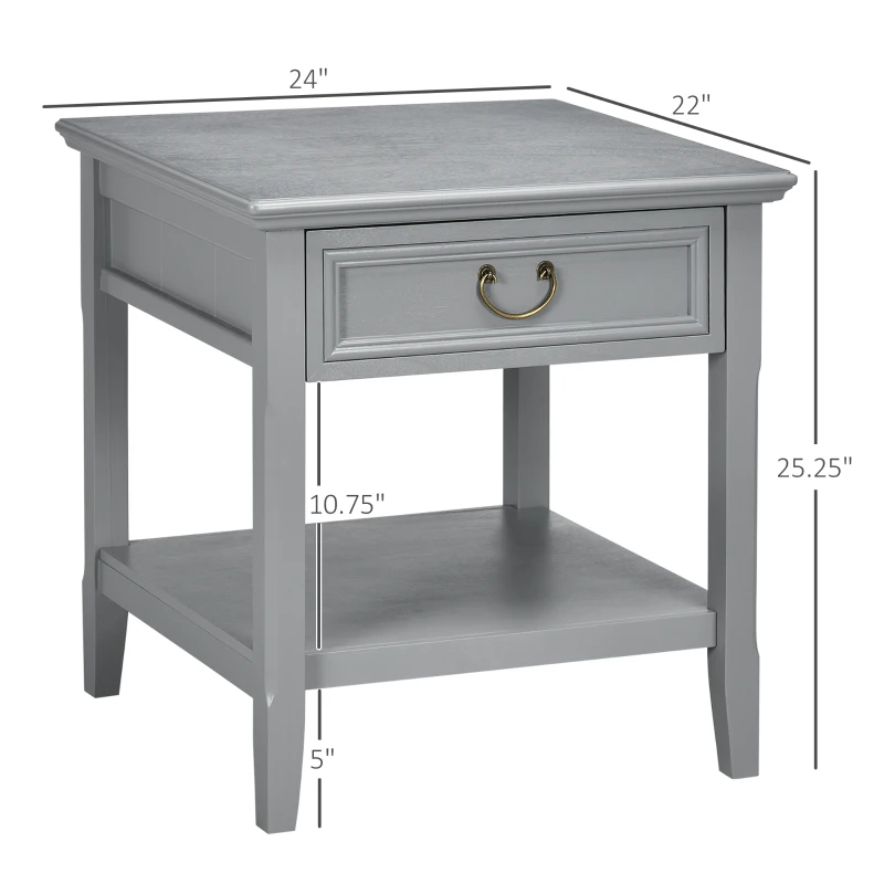 HOMCOM Retro Side Table, End Table with Storage Drawer and Open Shelf for Living Room, Bedroom, Gray