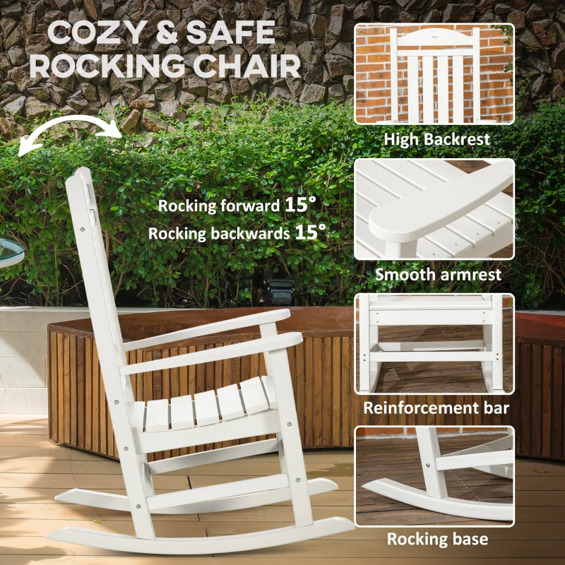 Outsunny Outdoor Rocking Chair, All Weather-Resistant HDPE Rocking Patio Chairs with Rustic High Back, Armrests, Oversized Seat and Slatted Backrest, 350lbs Weight Capacity, White