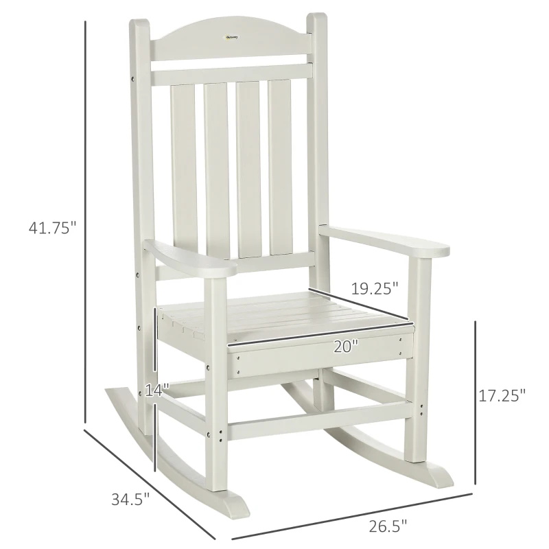 Outsunny Outdoor Rocking Chair, All Weather-Resistant HDPE Rocking Patio Chairs with Rustic High Back, Armrests, Oversized Seat and Slatted Backrest, 350lbs Weight Capacity, White