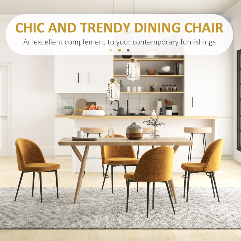HOMCOM Modern Dining Chairs, Mid-Back Velvet-touch Upholstery Side Chair, Table Chair for Living Room, Dining Room, Yellow, Set of 4