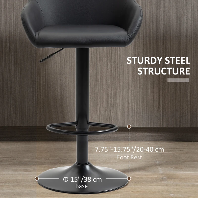 HOMCOM Adjustable Bar Stools, Swivel Counter Height Barstools with Footrest and Back, PU Leather and Steel Round Base, for Kitchen Counter and Dining Room, Set of 4, Black