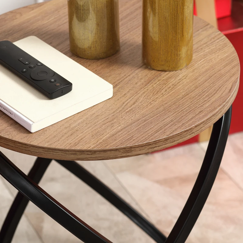 HOMCOM Industrial End Table with Round Tabletop, Sofa Side Table with Steel Frame, 15.7"x15.7"x19.7", Light Brown