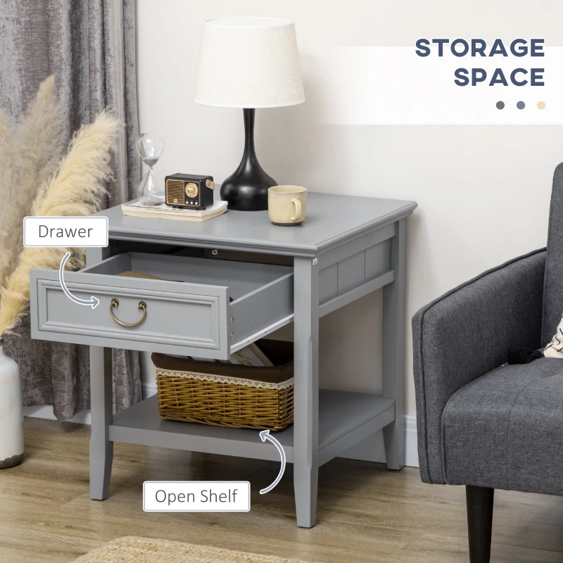 HOMCOM Retro Side Table, End Table with Storage Drawer and Open Shelf for Living Room, Bedroom, Gray