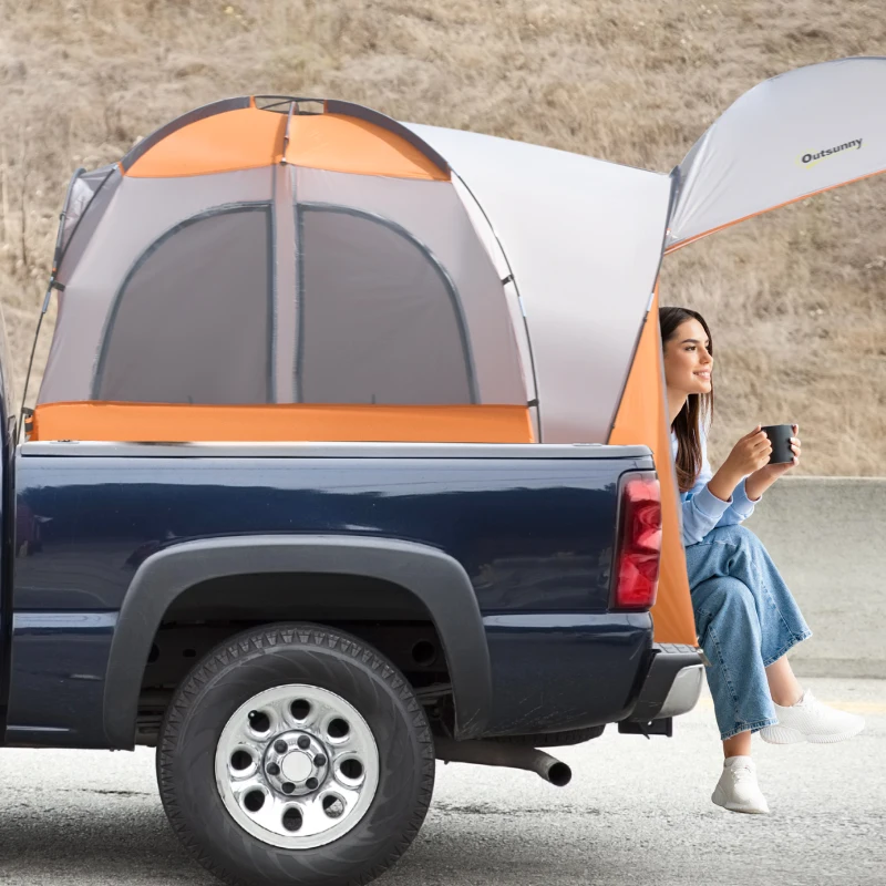 Outsunny Truck Bed Tent for 5'-5.5' Bed with Awning, Portable Pickup Truck Tent for 2-3 Persons, PU 2000mm, Orange