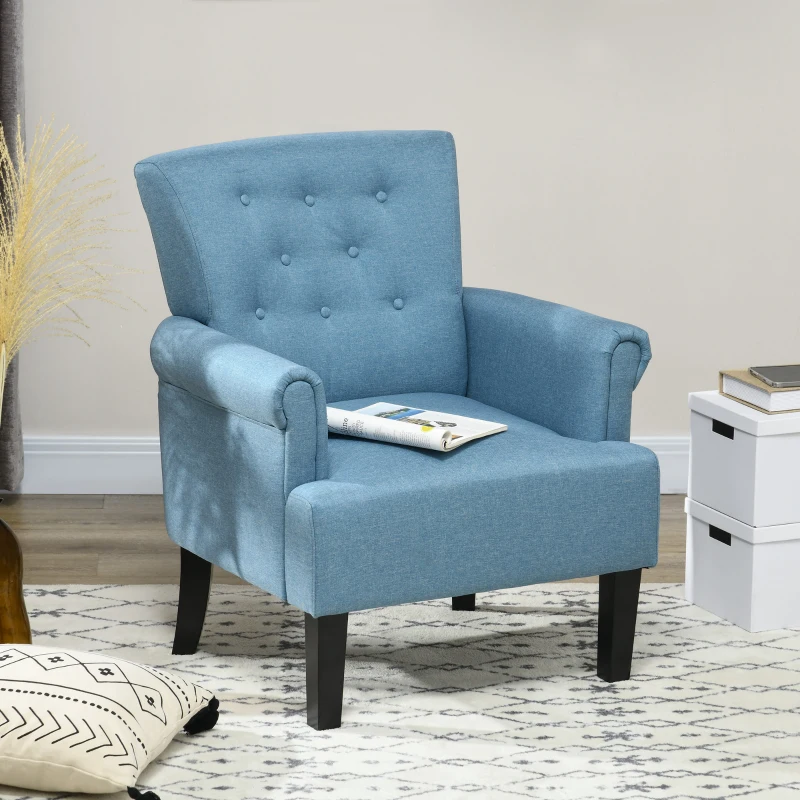 HOMCOM Armchair, Fabric Accent Chair, Modern Living Room Chair with Wood Legs and Rolled Arms for Bedroom, Blue