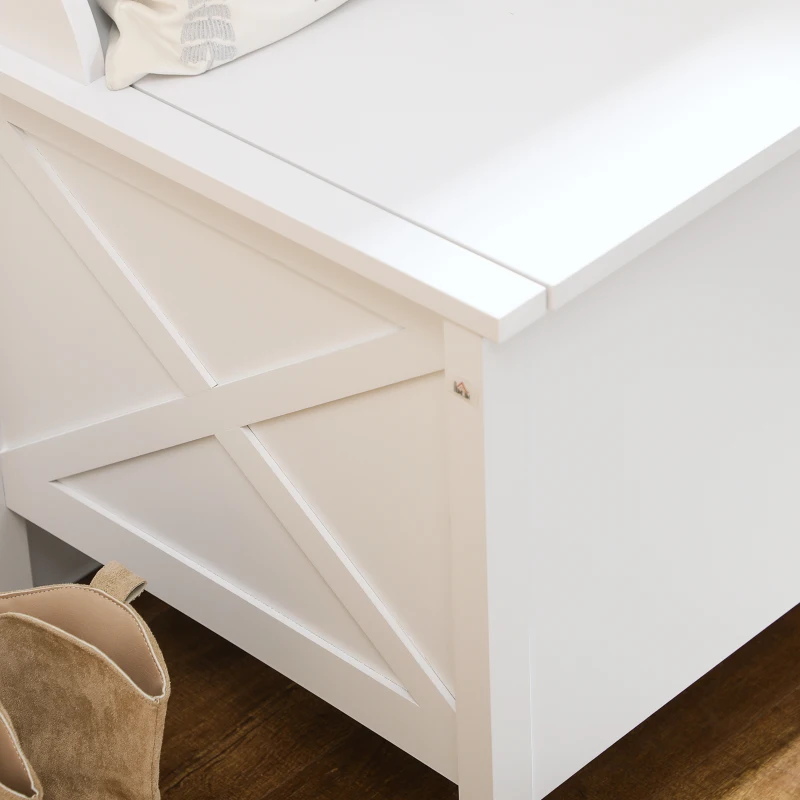 HOMCOM Modern Hall Tree, Shoe Bench with Hidden Storage Space, 4 Hooks and Top Shelf, Freestanding Coat Rack Stand for Entryway, White