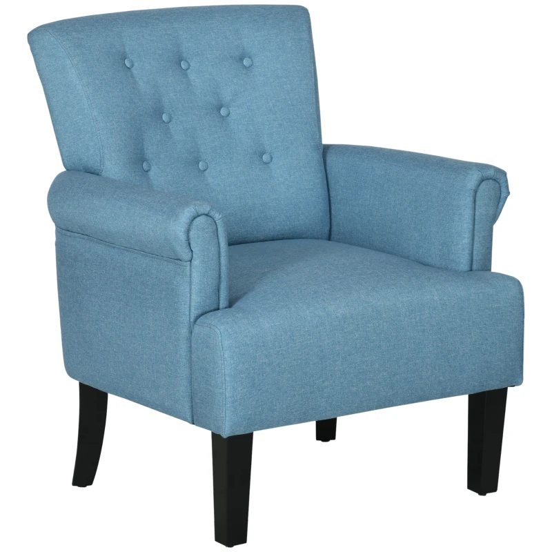 HOMCOM Armchair, Fabric Accent Chair, Modern Living Room Chair with Wood Legs and Rolled Arms for Bedroom, Blue