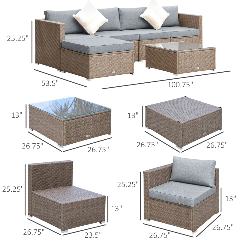 Outsunny 6 Piece Patio Furniture Set Outdoor Wicker Conversation Set All Weather PE Rattan Sectional Sofa Set with Ottoman, Cushions and Tempered Glass Table, Mixed Yellow and Light Gray