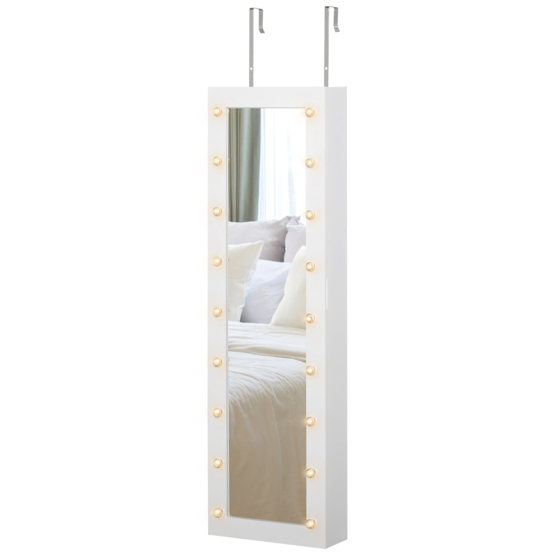 HOMCOM Jewellery Armoire with Mirror, Jewellery Cabinet with 18 LED Lights, Wall-Mounted and Over-The-Door Cabinet with 3 Mountable Heights and Drawer, White