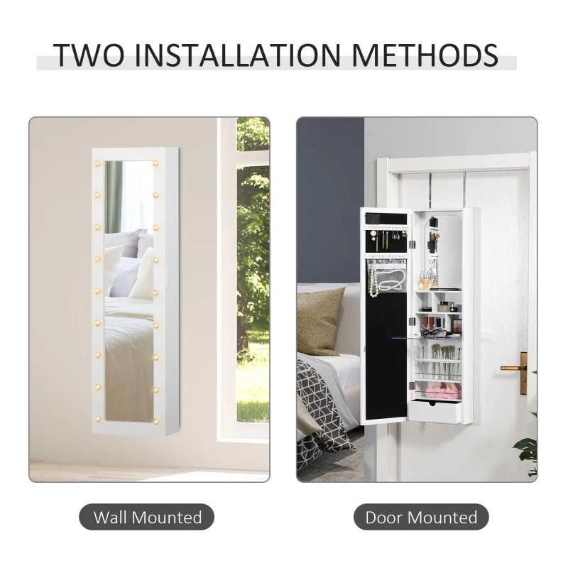 HOMCOM Jewellery Armoire with Mirror, Jewellery Cabinet with 18 LED Lights, Wall-Mounted and Over-The-Door Cabinet with 3 Mountable Heights and Drawer, White