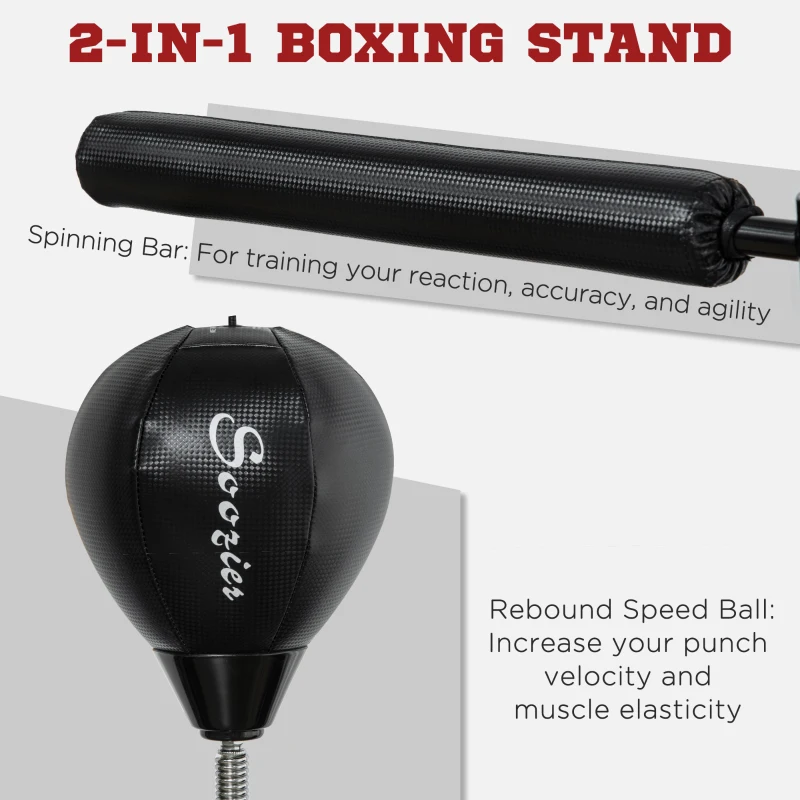 Soozier Free Standing Boxing Bag with Stand, Punching Speed Bag Reaction Bar Challenge with Suction Cups, 64-81in Adjustable Height for Teenagers and Adults, Black