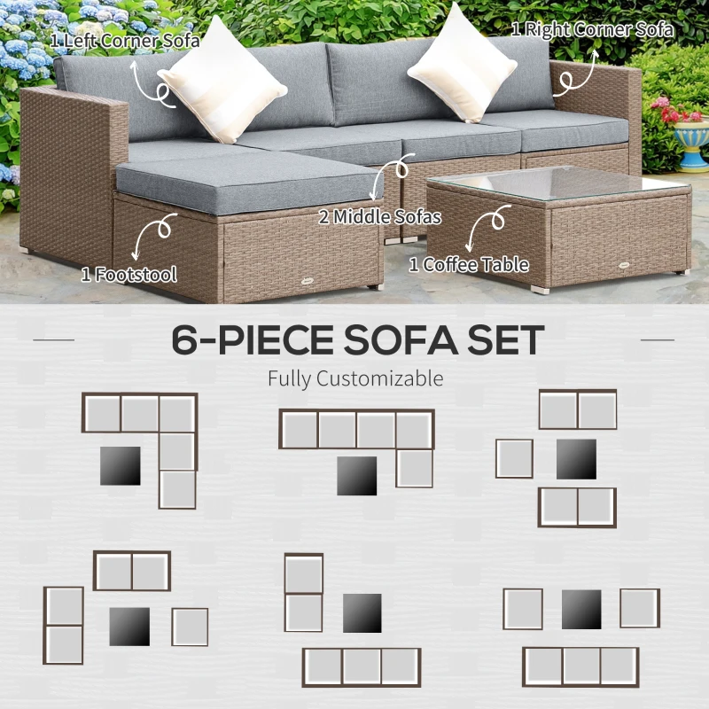 Outsunny 6 Piece Patio Furniture Set Outdoor Wicker Conversation Set All Weather PE Rattan Sectional Sofa Set with Ottoman, Cushions and Tempered Glass Table, Mixed Yellow and Light Gray