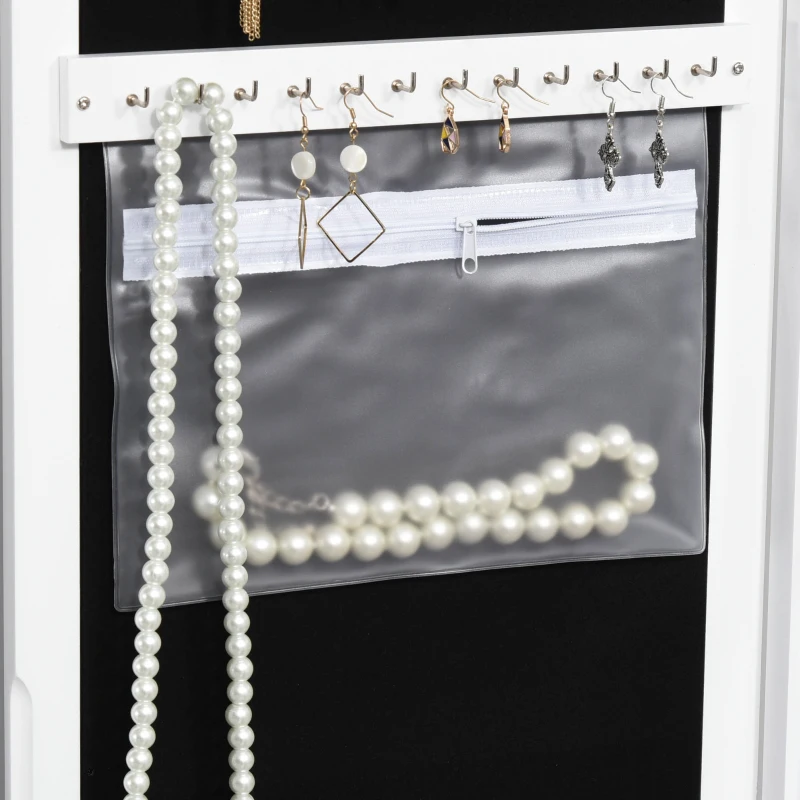 HOMCOM Jewellery Armoire with Mirror, Jewellery Cabinet with 18 LED Lights, Wall-Mounted and Over-The-Door Cabinet with 3 Mountable Heights and Drawer, White