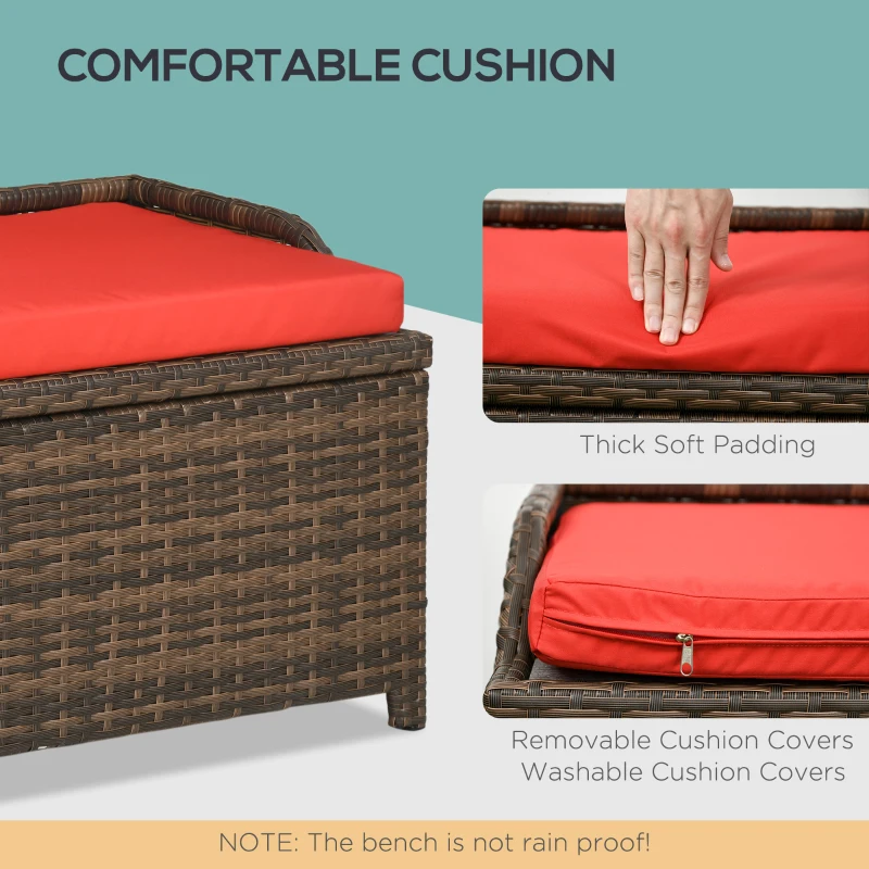 Outsunny 34 Gallon Outdoor Wicker Storage Bench Deck Box, PE Rattan Patio Furniture Pool Storage Bin Container with Interior Waterproof Cloth Bag and Comfortable Cushion, Red
