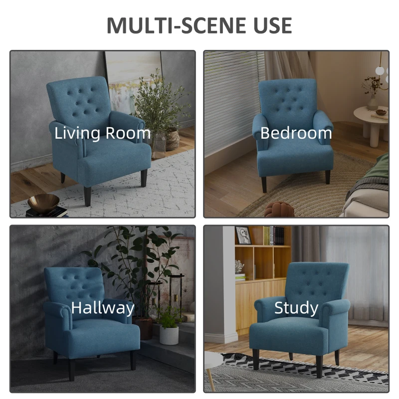 HOMCOM Armchair, Fabric Accent Chair, Modern Living Room Chair with Wood Legs and Rolled Arms for Bedroom, Blue