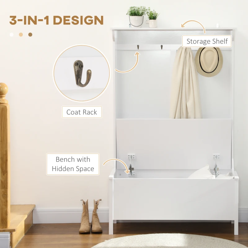 HOMCOM Modern Hall Tree, Shoe Bench with Hidden Storage Space, 4 Hooks and Top Shelf, Freestanding Coat Rack Stand for Entryway, White