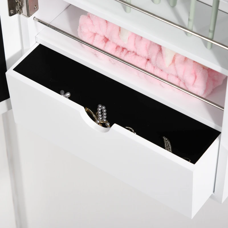 HOMCOM Jewellery Armoire with Mirror, Jewellery Cabinet with 18 LED Lights, Wall-Mounted and Over-The-Door Cabinet with 3 Mountable Heights and Drawer, White