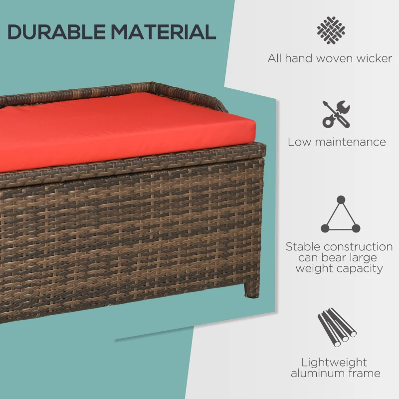 Outsunny 34 Gallon Outdoor Wicker Storage Bench Deck Box, PE Rattan Patio Furniture Pool Storage Bin Container with Interior Waterproof Cloth Bag and Comfortable Cushion, Red