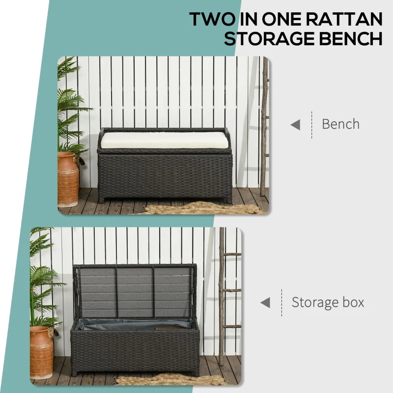 Outsunny 34 Gallon Outdoor Wicker Storage Bench Deck Box, PE Rattan Patio Furniture Pool Storage Bin Container with Interior Waterproof Cloth Bag and Comfortable Cushion, Cream White