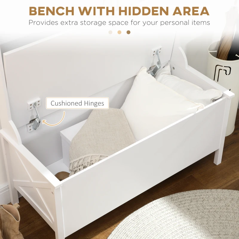 HOMCOM Modern Hall Tree, Shoe Bench with Hidden Storage Space, 4 Hooks and Top Shelf, Freestanding Coat Rack Stand for Entryway, White