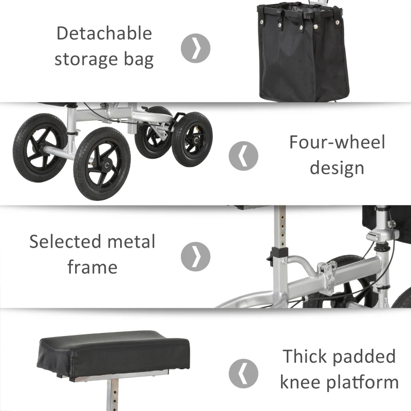 HOMCOM Knee Scooter for Foot Injuries in Adults with Basket Storage, Portable Folding Knee Walker Mobility Scooter for Medical Rehabilitation & Injuries, Silver