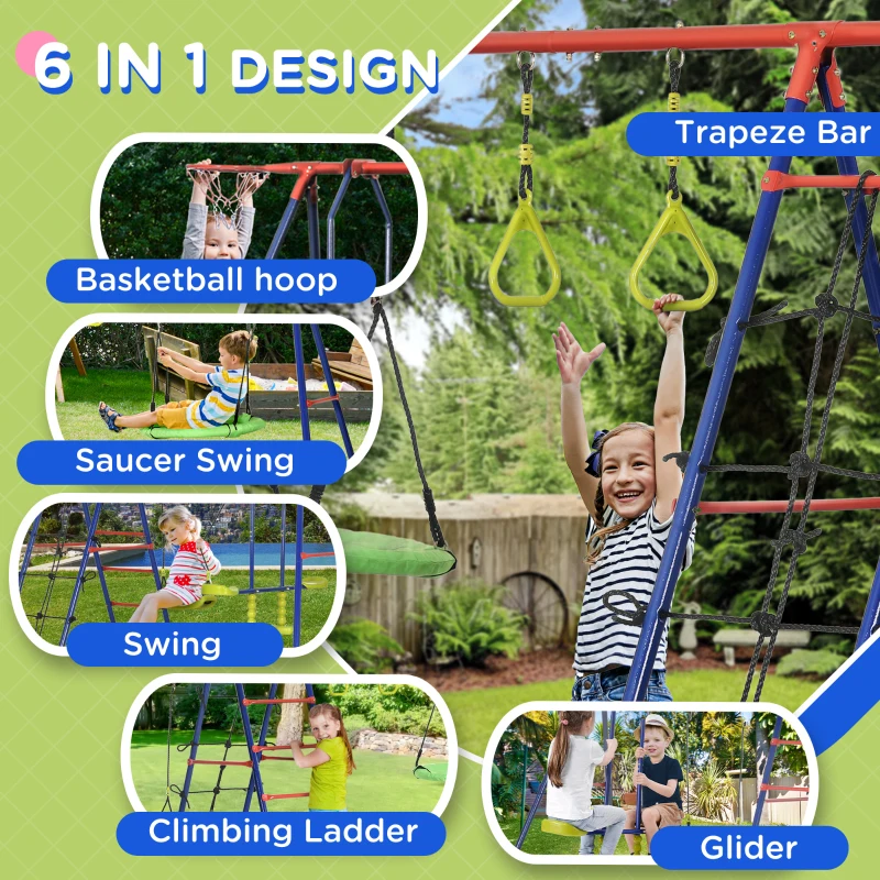 Outsunny 6 In 1 Swing Set for Kids Outdoor, Metal Swing Frame with Saucer Swing, Climbing Frame, Glider, Trapeze Bar, Basketball Hoop