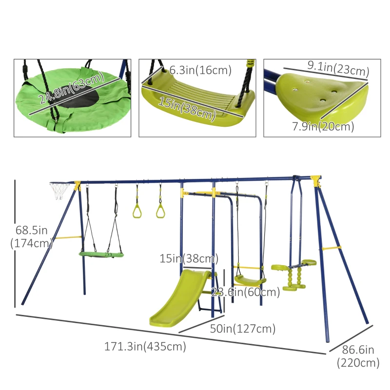 Outsunny Metal Swing Set for Backyard with Saucer Swing, Glider, Slide, Gym Rings, Basketball Hoop, Heavy Duty A-Frame Stand, Aged 3-12 Years Old