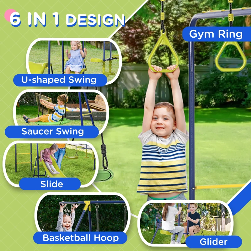 Outsunny Metal Swing Set for Backyard with Saucer Swing, Glider, Slide, Gym Rings, Basketball Hoop, Heavy Duty A-Frame Stand, Aged 3-12 Years Old