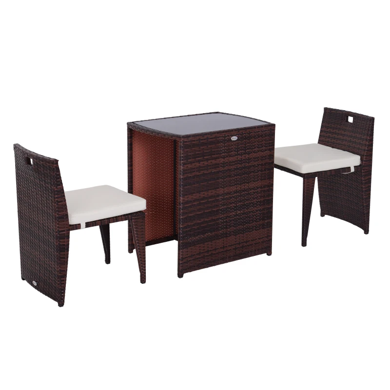 Outsunny 3 Pieces Wicker Patio Dining Set Outdoor Furniture Set with Removable Cushions, Glass Top Dining Table, PE Rattan Conversation Set for Garden Poolside, Cream White