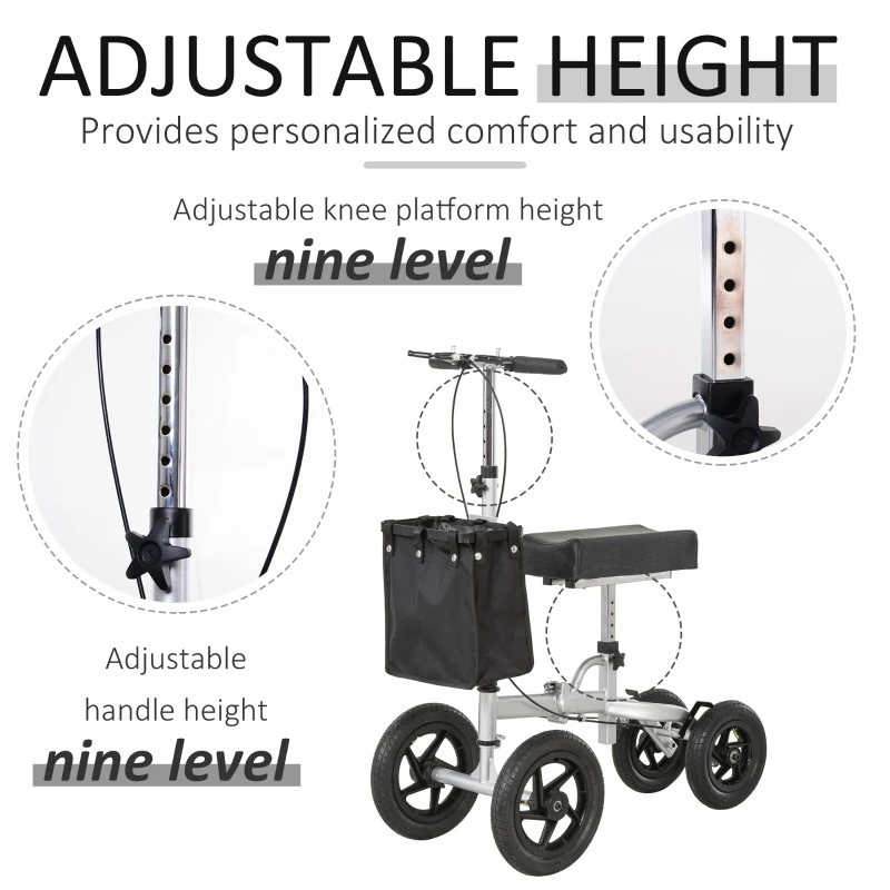 HOMCOM Knee Scooter for Foot Injuries in Adults with Basket Storage, Portable Folding Knee Walker Mobility Scooter for Medical Rehabilitation & Injuries, Silver