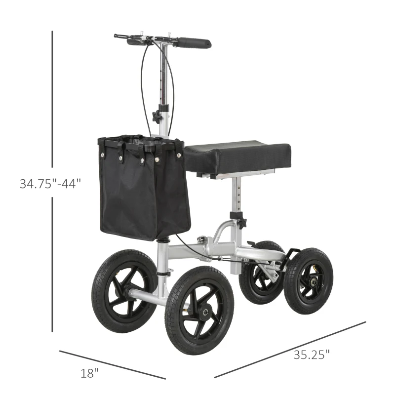 HOMCOM Knee Scooter for Foot Injuries in Adults with Basket Storage, Portable Folding Knee Walker Mobility Scooter for Medical Rehabilitation & Injuries, Silver