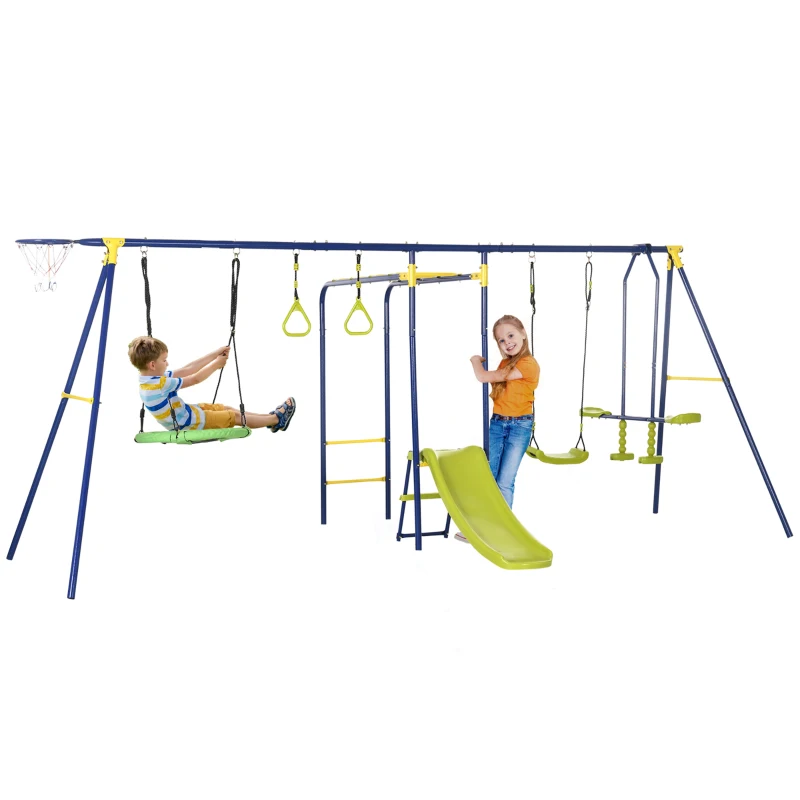 Outsunny Metal Swing Set for Backyard with Saucer Swing, Glider, Slide, Gym Rings, Basketball Hoop, Heavy Duty A-Frame Stand, Aged 3-12 Years Old