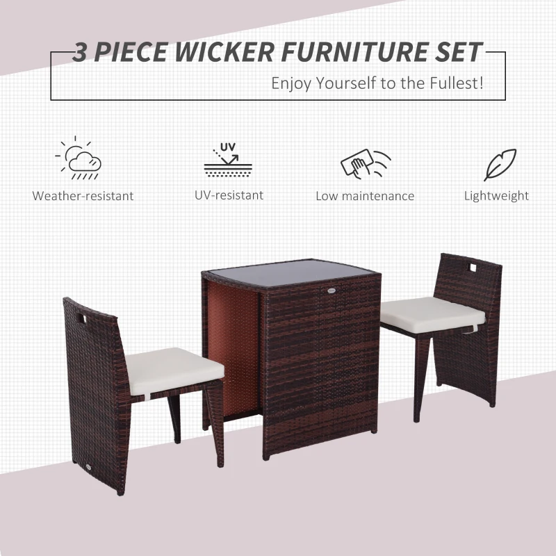 Outsunny 3 Pieces Wicker Patio Dining Set Outdoor Furniture Set with Removable Cushions, Glass Top Dining Table, PE Rattan Conversation Set for Garden Poolside, Cream White