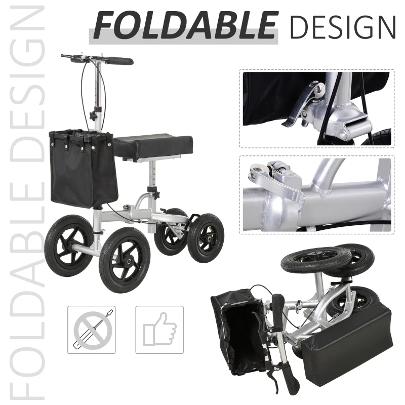 HOMCOM Knee Scooter for Foot Injuries in Adults with Basket Storage, Portable Folding Knee Walker Mobility Scooter for Medical Rehabilitation & Injuries, Silver