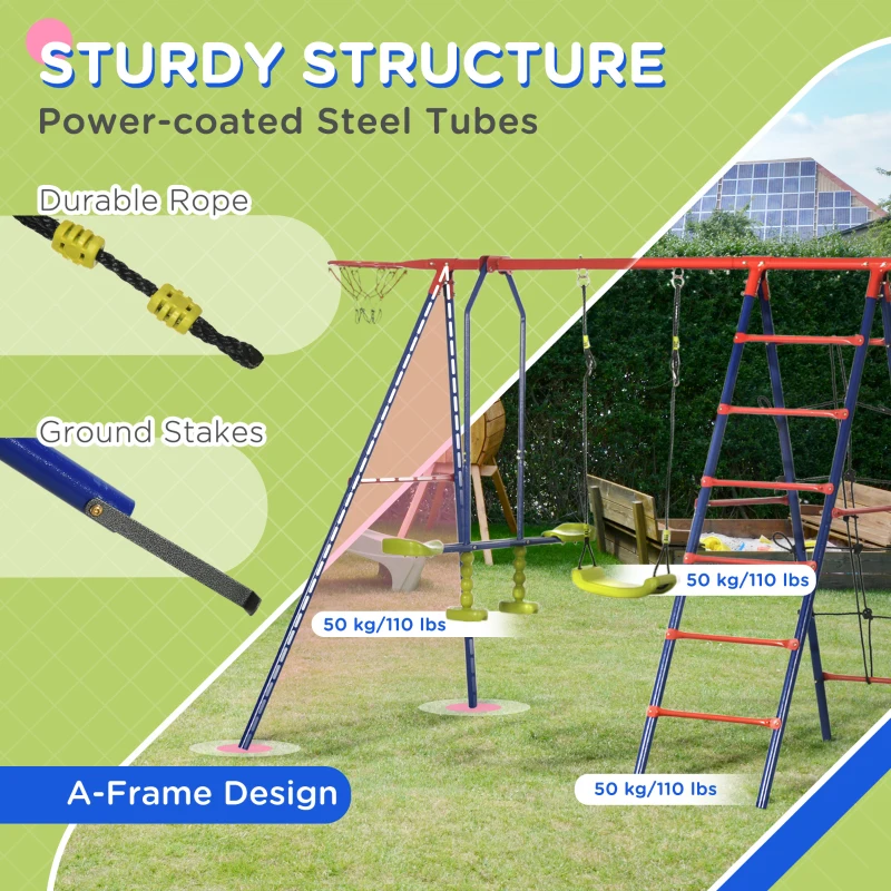 Outsunny 6 In 1 Swing Set for Kids Outdoor, Metal Swing Frame with Saucer Swing, Climbing Frame, Glider, Trapeze Bar, Basketball Hoop