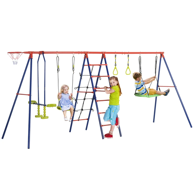 Outsunny 6 In 1 Swing Set for Kids Outdoor, Metal Swing Frame with Saucer Swing, Climbing Frame, Glider, Trapeze Bar, Basketball Hoop