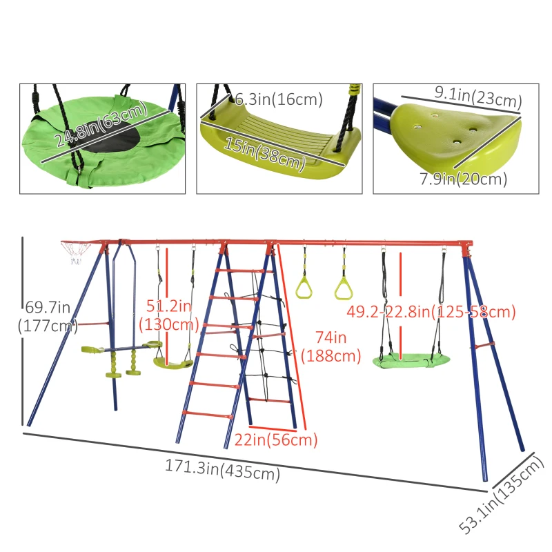 Outsunny 6 In 1 Swing Set for Kids Outdoor, Metal Swing Frame with Saucer Swing, Climbing Frame, Glider, Trapeze Bar, Basketball Hoop