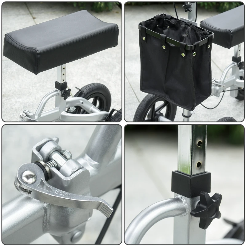 HOMCOM Knee Scooter for Foot Injuries in Adults with Basket Storage, Portable Folding Knee Walker Mobility Scooter for Medical Rehabilitation & Injuries, Silver