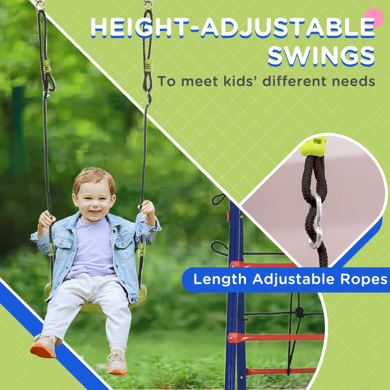 Outsunny 6 In 1 Swing Set for Kids Outdoor, Metal Swing Frame with Saucer Swing, Climbing Frame, Glider, Trapeze Bar, Basketball Hoop