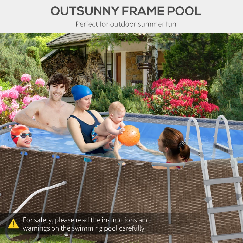 Outsunny 14' x 10' x 3' Above Ground Swimming Pool, Non-Inflatable Rectangular Steel Frame Pool with Filter Pump, Safety Ladder for 1-6 People, Brown